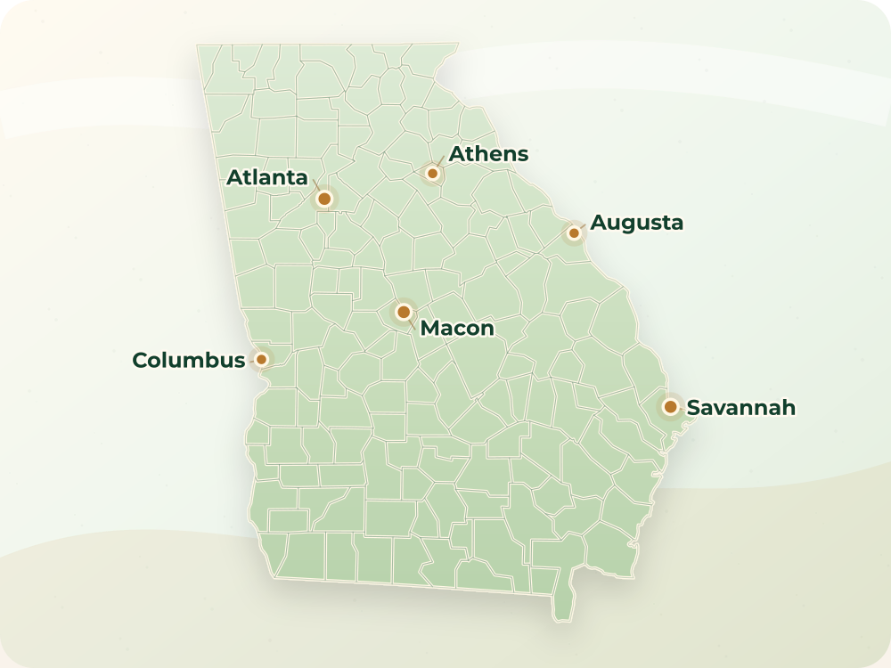 Accurate Georgia land service area map with county boundaries and major city labels